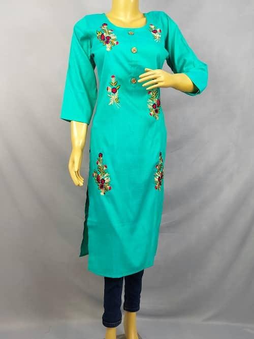 Blue Kurti with Floral colour embroidery work